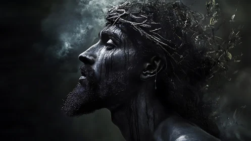 Profile of thorn-crowned male figure in dark environment.