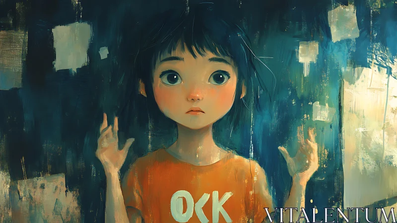 Painterly portrait of wide-eyed child against abstract teal wall