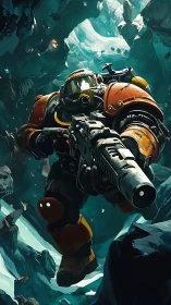 Armored space miner advances through shattered ice cavern