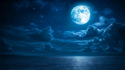 Luminous full moon over reflective ocean under deep blue sky
