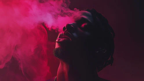 Neon haze enveloping a silhouetted man exhaling vapor.