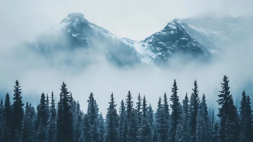 Snowbound mountain peaks rise through dense winter fog.