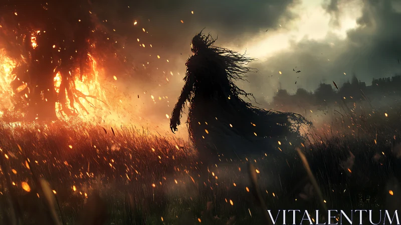 Silhouetted humanoid form approaching large field fire scene.