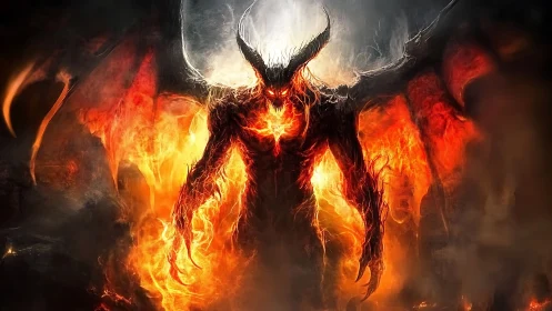 Winged fiery demon figure in infernal digital artwork.
