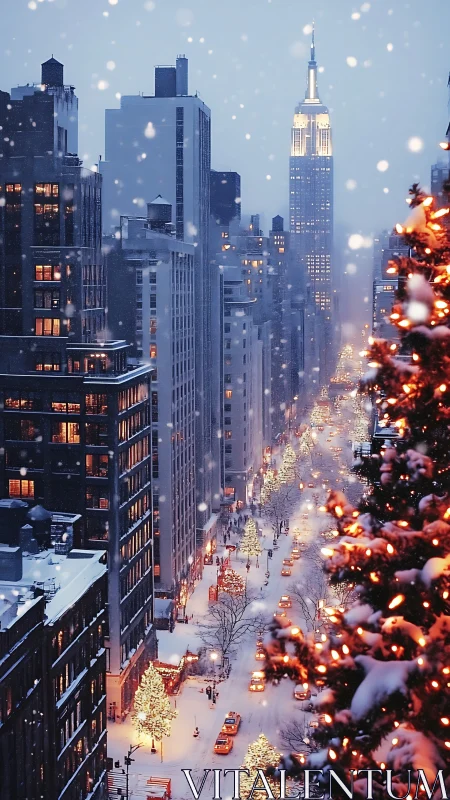 Snowy city avenue glows with festive holiday lights at dusk