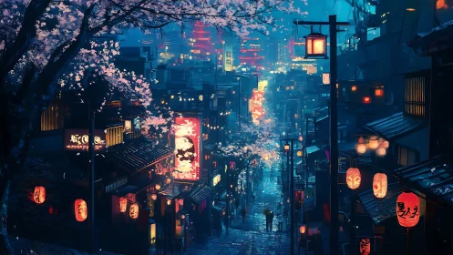 Nighttime city street shows lanterns, signage and wet pavement