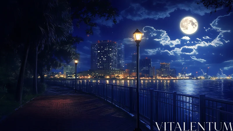Digital night city waterfront under full moon illumination.