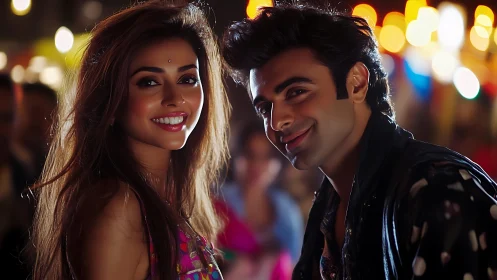 Young couple smiling together at nighttime urban celebration