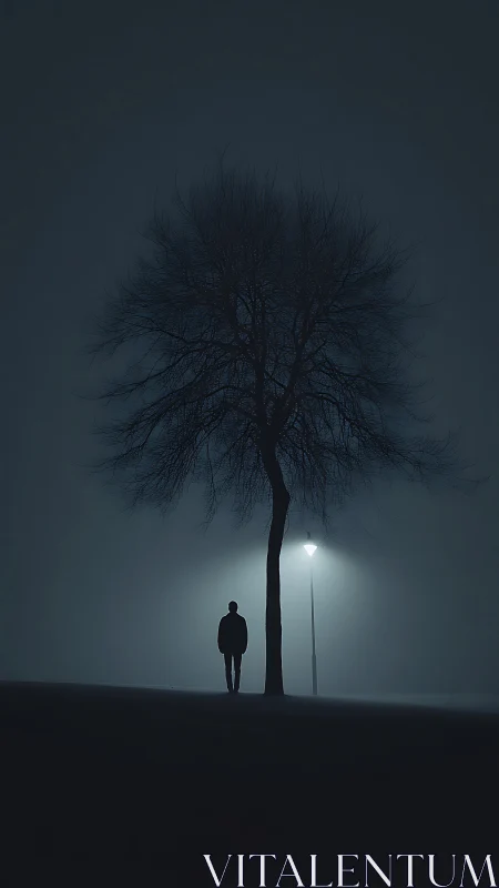 Solitary walker pauses beneath a ghostlit winter tree.