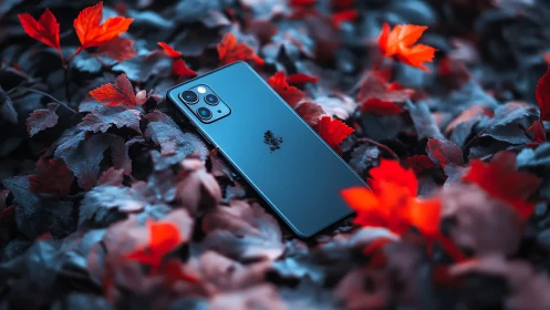 Smartphone lies on colorful foliage with reflective glass back