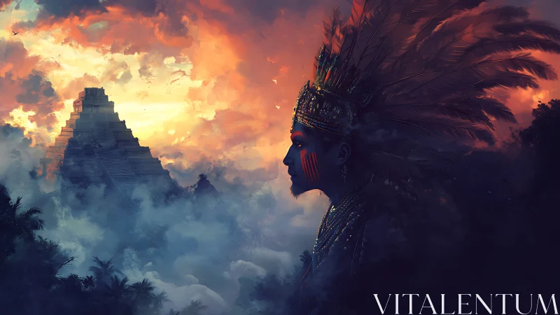 Mesoamerican ruler silhouette contrasts with illuminated temple clouds
