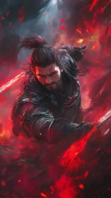 Blazing ronin carves a scarlet storm through burning night