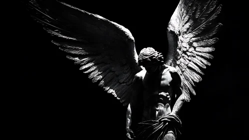 Winged stone figure in strong chiaroscuro lighting.