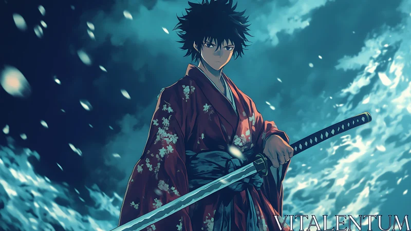 Samurai swordsman in floral kimono under dynamic blue lighting