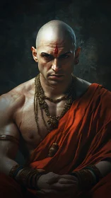 Fierce monk in ember robes radiates unshaken resolve.