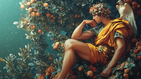 Mythic youth in golden drapery reclines amid baroque roses