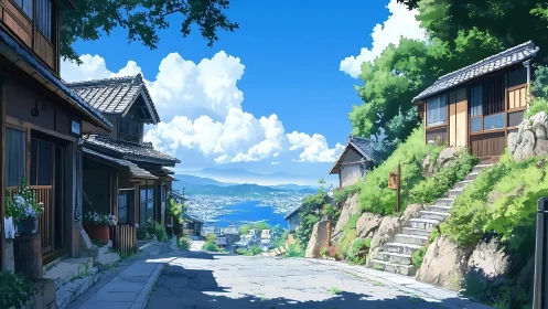 Sunlit seaside hill street overlooks distant coastal city