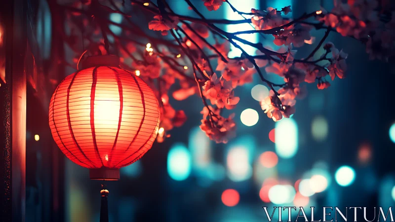 Red paper lantern illuminates cherry blossoms in neon bokeh