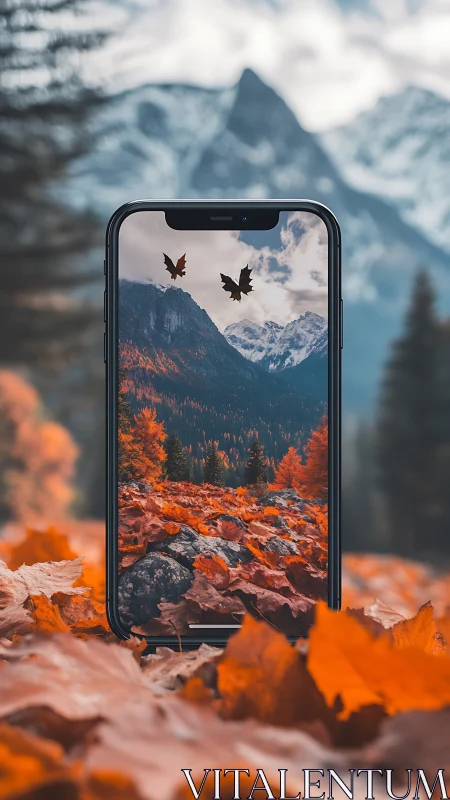 Smartphone frame captures vivid autumn mountain landscape.