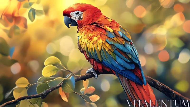 Vibrant Scarlet Macaw on Branch in Colorful Digital Art Style.