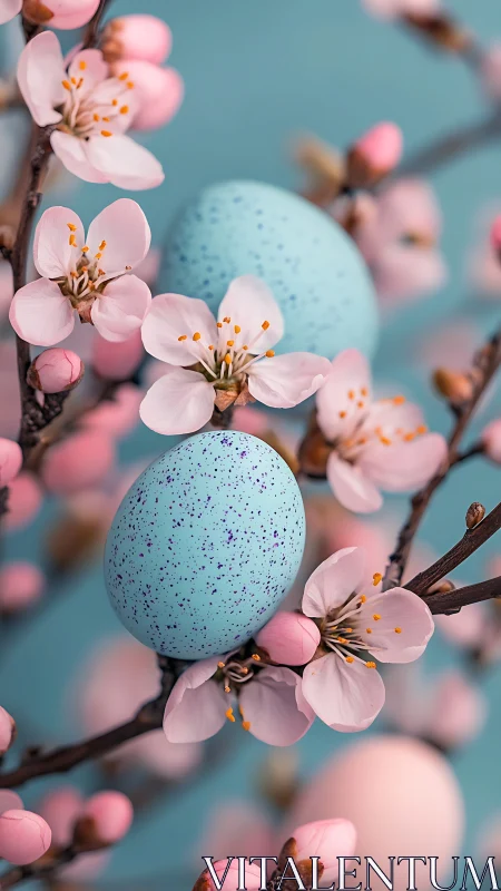 Blue speckled eggs rest among pink cherry blossoms