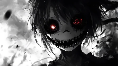 Monochrome demonic figure with glowing red eyes and grin.