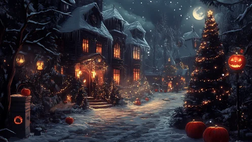 Moonlit Halloween Christmas lane in enchanted winter hush.