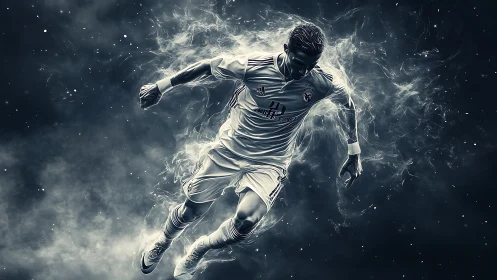 Dynamic football player bursts through smoky cosmic energy