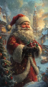 Santa’s cozy Christmas village under softly falling snow.