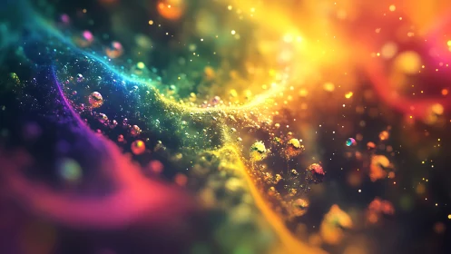 Colorful cosmic waves with glowing abstract particles.