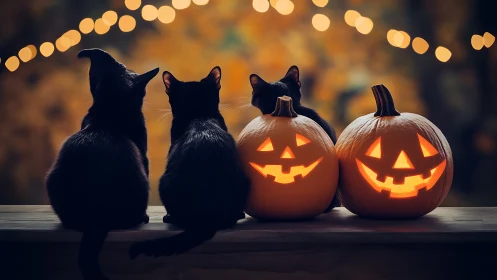 Three Black Cats and Glowing Jack-O'-Lanterns in Magical Moonlight.