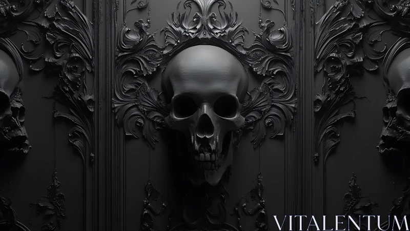 Central human skull relief framed by dark baroque ornament