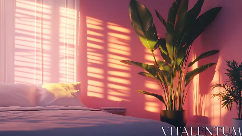 Sun-struck bedroom palms rehearse golden shadows at dusk