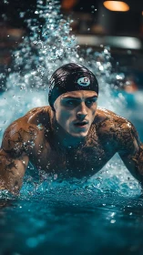 Male swimmer performs forward stroke in indoor pool setting