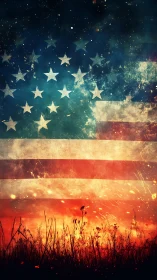 Wild grasses glow beneath a weathered starry flag sky.