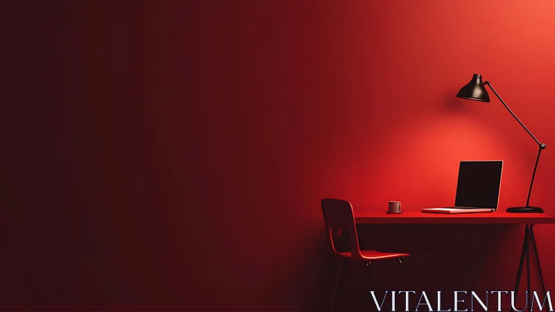 Minimal red workspace glows with focused modern warmth