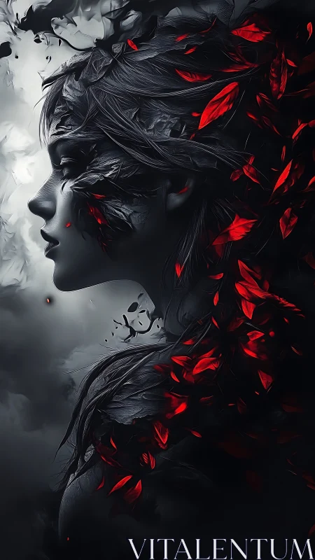 Side-profile dark portrait merges female silhouette with red leaves