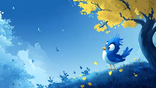 Blue avian character with chromatic feathering stands beneath golden foliage canopy.