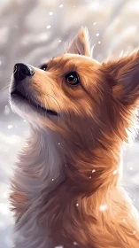 Golden corgi gazes upward in softly falling winter snow.