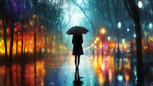 Backlit umbrella figure in chromatic urban rain corridor.