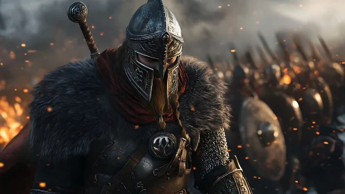 Armored Viking warrior leading shield wall in battle line.