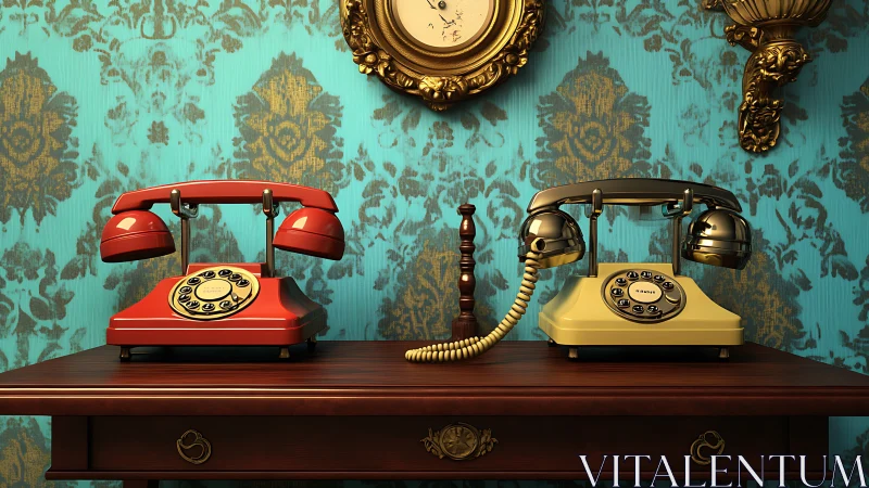Twin retro telephones trading secrets beneath baroque timepieces.