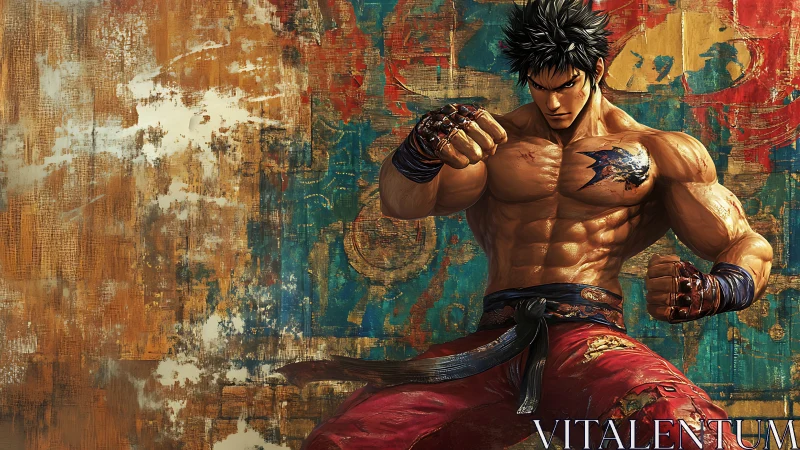 Martial artist prepares punch before distressed wall mural