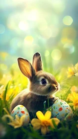 Photorealistic spring bunny with Easter eggs in bokeh field.