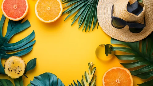 Tropical citrus halves, palm leaves and straw hat on yellow.