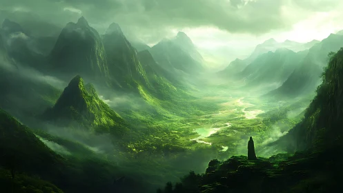 Solitary cloaked figure overlooking vast misty green valley