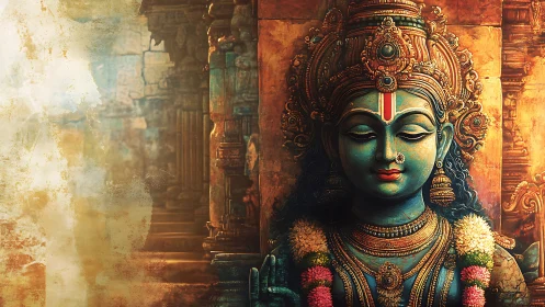 Serene blue Hindu goddess statue in ornate temple setting.