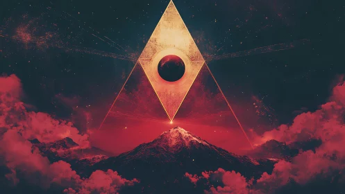 Cosmic triangle above volcanic peak in red nebula sky.