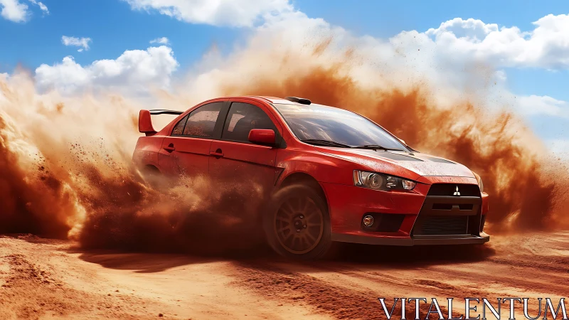 Red rally car dancing through sunlit desert dust clouds.