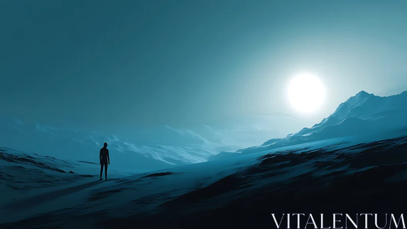 Solitary figure surveys frozen basin under overexposed sun